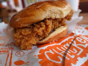 A chicken sandwich from Popeyes Louisiana Kitchen is shown on May 06, 2021 in Chicago, Illinois.