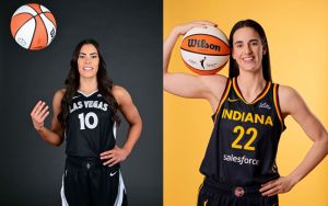 Kelsey Plum and the Las Vegas Aces next to Caitlin Clark and the Indiana Fever