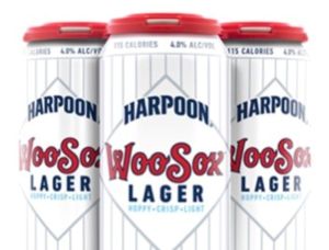 WooSox lager beer cans on display.