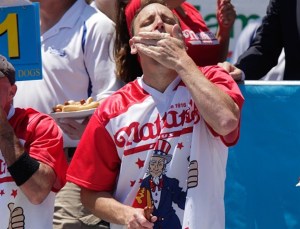 Joey Chestnut participates in the men's hot dog eating contest on July 4, 2019 in New York City.