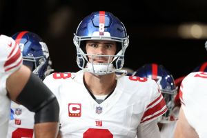 New York Giants' QB Daniel Jones #8 of the takes the field before a game against the Las Vegas Raiders