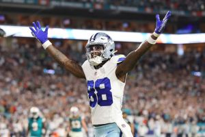 CeeDee Lamb #88 of the Dallas Cowboys celebrates a touchdown during a game against the Miami Dolphins. NFL star receivers