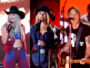 Lainey Wilson is on stage in purple and blue, Miranda Lambert is on stage in black, and Keith Urban is on stage in black.