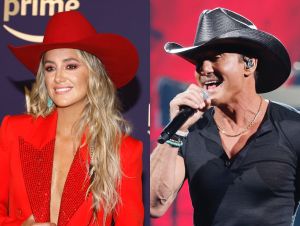 Lainey Wison in a red outfit and cowboy hat and Tim McGraw in a black shirt and cowboy hat.